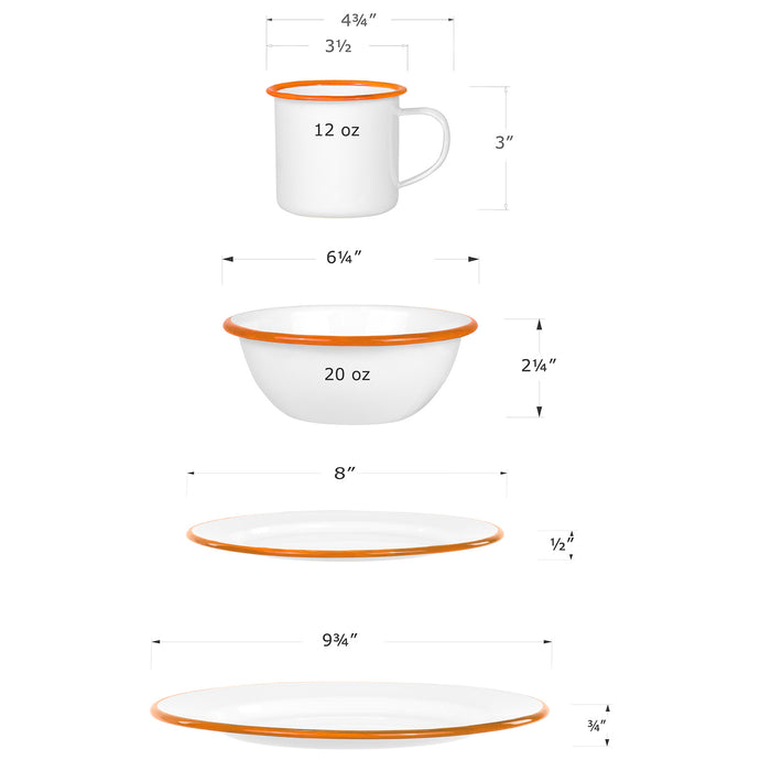 Red Co. 16-Piece Enamelware Metal Dinnerware Set for 4, White/Color Rim