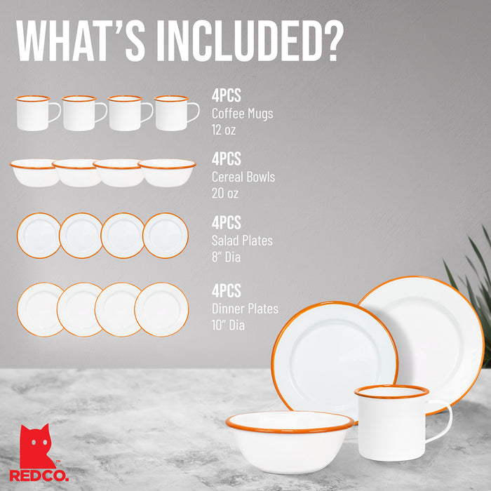 Red Co. 16-Piece Enamelware Metal Dinnerware Set for 4, White/Color Rim