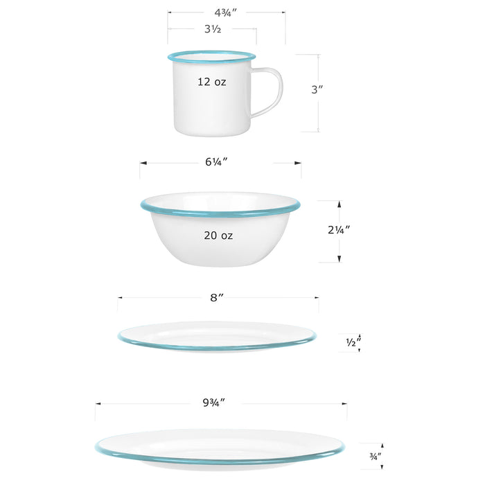 Red Co. 16-Piece Enamelware Metal Dinnerware Set for 4, White/Color Rim