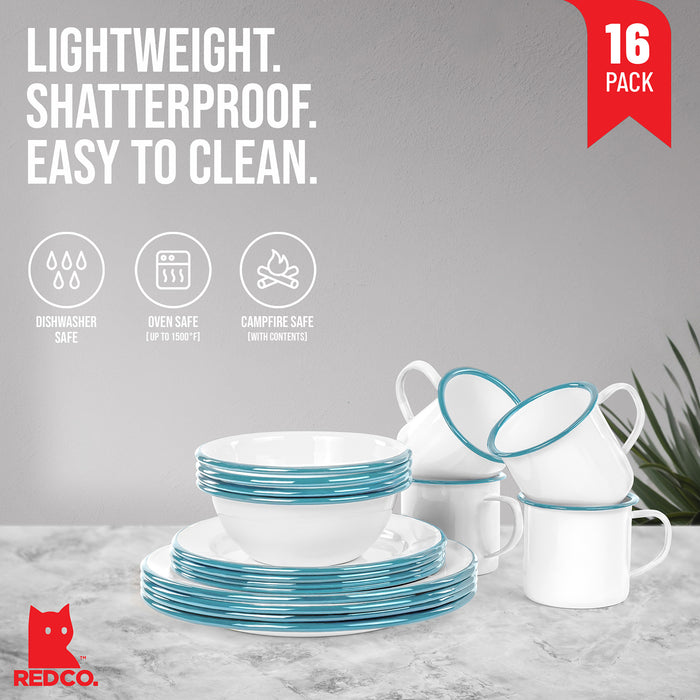 Red Co. 16-Piece Enamelware Metal Dinnerware Set for 4, White/Color Rim