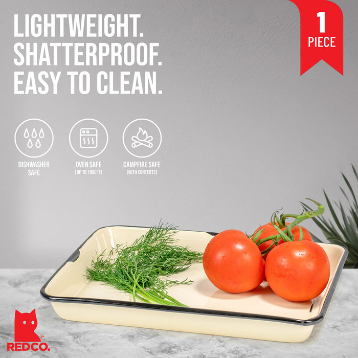 Red Co. 11 x 9 Enamelware Metal Classic 2 Quart Rectangular Serving Tray, Distressed/Black Rim