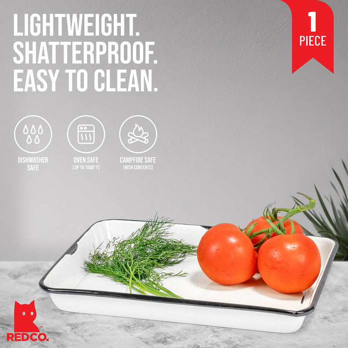 Red Co. 11 x 9 Enamelware Metal Classic 2 Quart Rectangular Serving Tray, Distressed/Black Rim