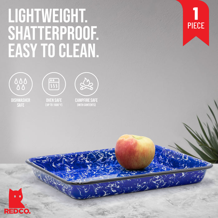 Red Co. 11" x 9" Enamelware Metal Classic 2 Quart Rectangular Serving Tray, Navy Blue Marble/Black Rim - Splatter Design