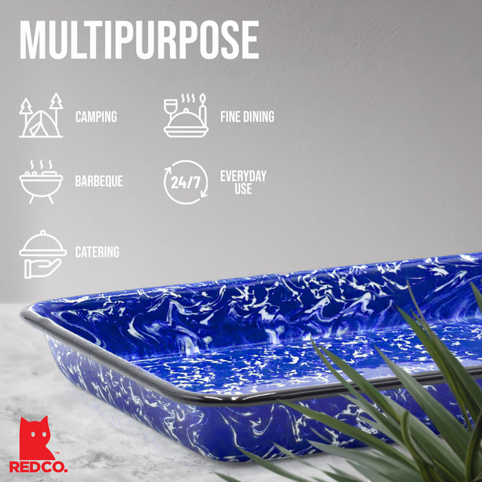 Red Co. 11" x 9" Enamelware Metal Classic 2 Quart Rectangular Serving Tray, Navy Blue Marble/Black Rim - Splatter Design