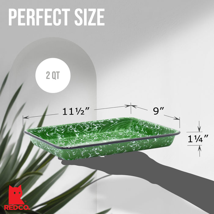 Red Co. 11" x 9" Enamelware Metal Classic 2 Quart Rectangular Serving Tray, Dark Green Marble/Black Rim - Splatter Design
