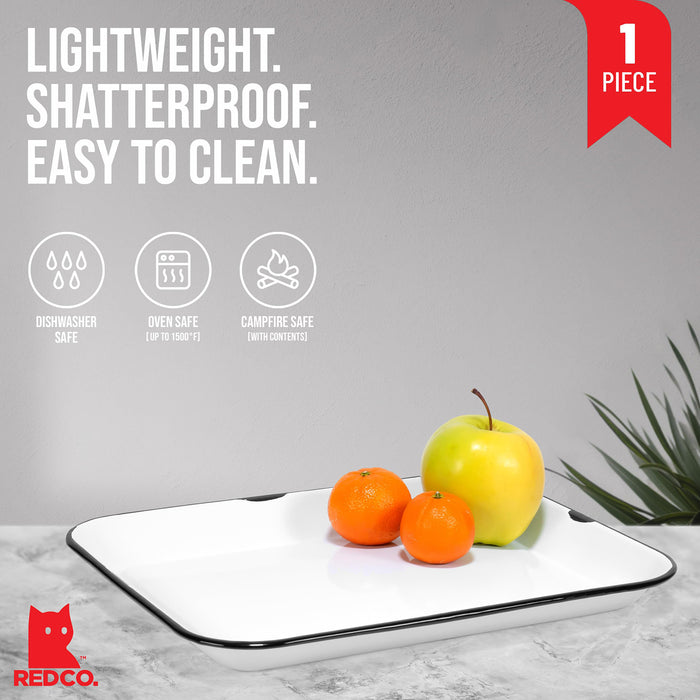Red Co. 13.5” x 10” Enamelware Metal Classic 1.6-Quart Rectangular Serving Tray, Distressed White/Black Rim
