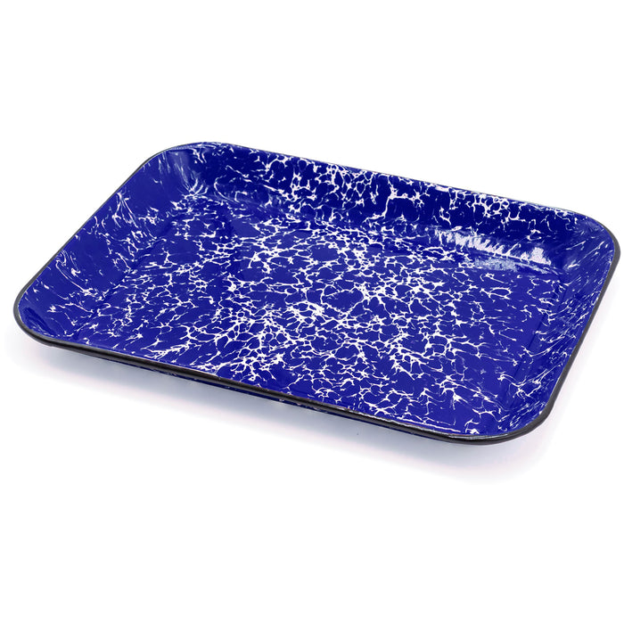 Red Co. 13.5” x 10” Enamelware Metal Classic 1.6-Quart Rectangular Serving Tray, Marble/Black Rim – Splatter Design