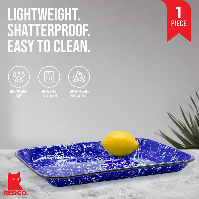 Red Co. 13.5” x 10” Enamelware Metal Classic 1.6-Quart Rectangular Serving Tray, Marble/Black Rim – Splatter Design