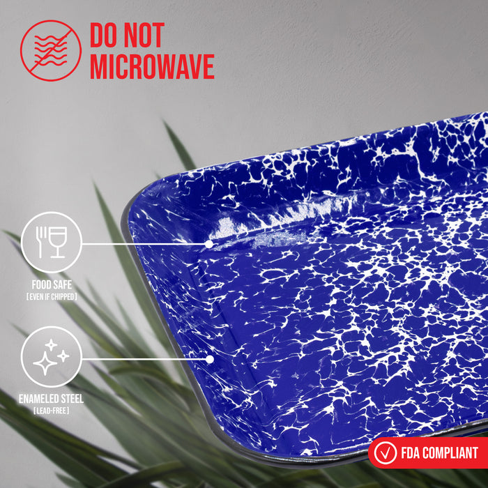 Red Co. 13.5” x 10” Enamelware Metal Classic 1.6-Quart Rectangular Serving Tray, Marble/Black Rim – Splatter Design