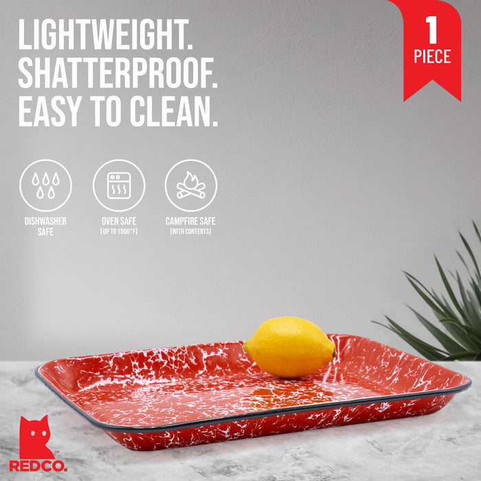 Red Co. 13.5” x 10” Enamelware Metal Classic 1.6-Quart Rectangular Serving Tray, Marble/Black Rim – Splatter Design