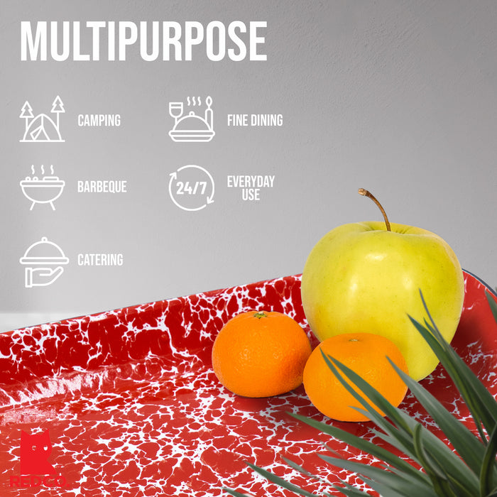 Red Co. 13.5” x 10” Enamelware Metal Classic 1.6-Quart Rectangular Serving Tray, Marble/Black Rim – Splatter Design