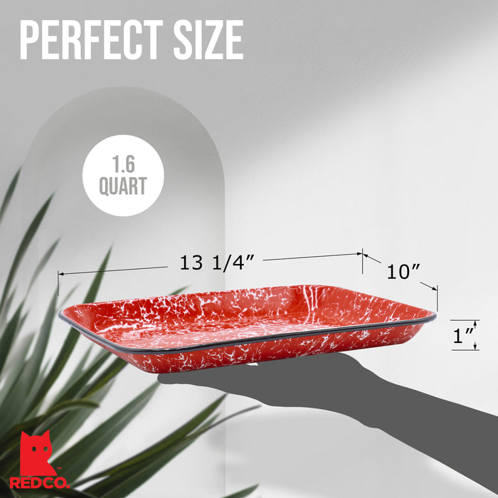 Red Co. 13.5” x 10” Enamelware Metal Classic 1.6-Quart Rectangular Serving Tray, Marble/Black Rim – Splatter Design