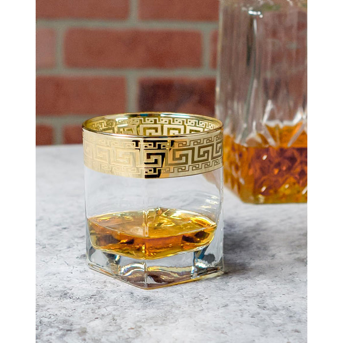 Red Co. Set of 6 Clear Decorated Drinking Glasses with Golden Greek Key Trim