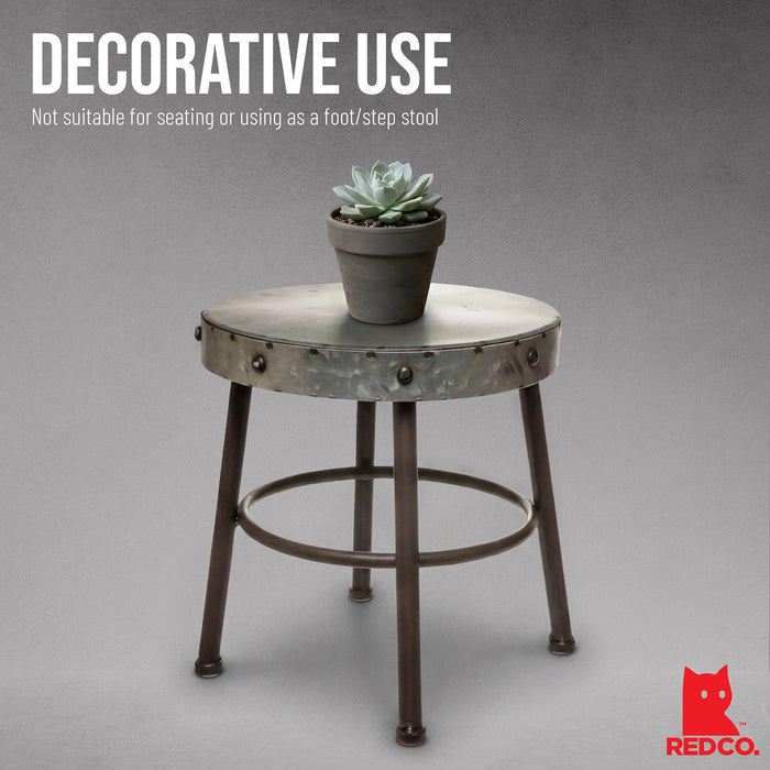 Red Co. 10” Tall Round-Top Antique Metal Milking Stool Display Plant Stand Holder, Weathered Silver Tone