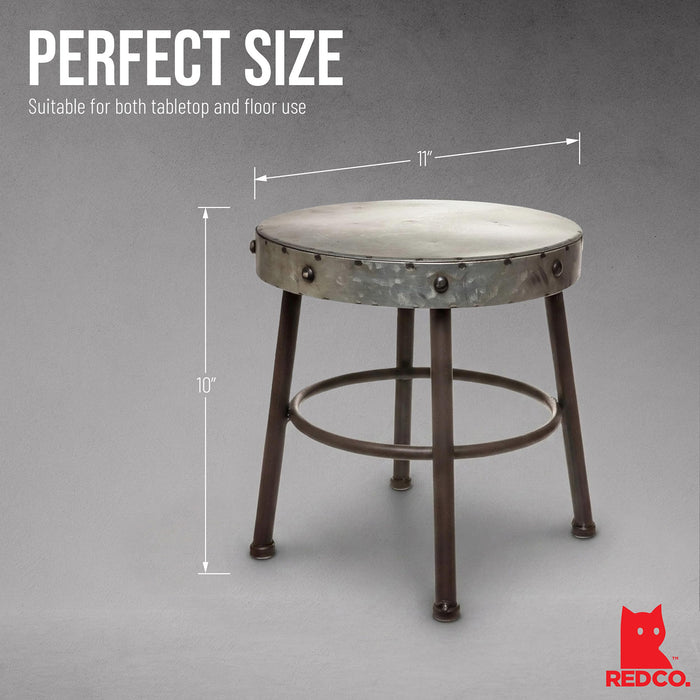Red Co. 10” Tall Round-Top Antique Metal Milking Stool Display Plant Stand Holder, Weathered Silver Tone