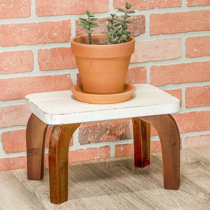 Red Co. 8” Tall Decorative Wooden Stool Display Plant Stand Holder, Brown/White