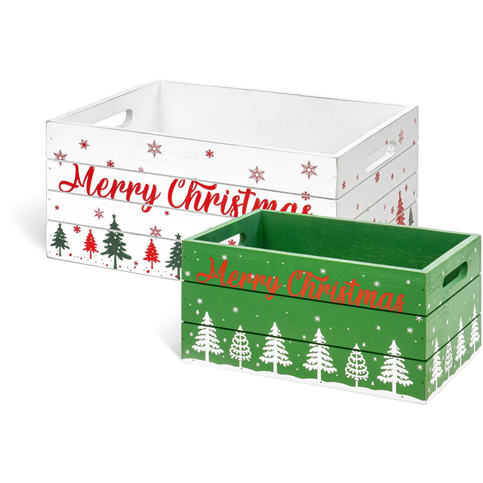 Red Co. Set of 2 Decorative Nesting Wooden Merry Christmas Storage Crate Organizers with Lettering