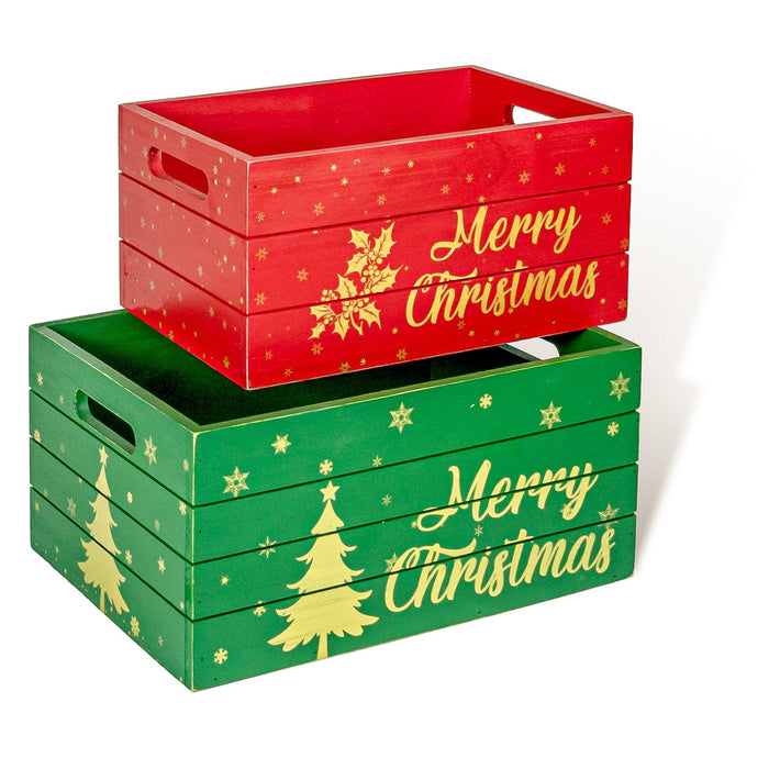 Red Co. Set of 2 Decorative Nesting Wooden Merry Christmas Storage Crate Organizers with Lettering
