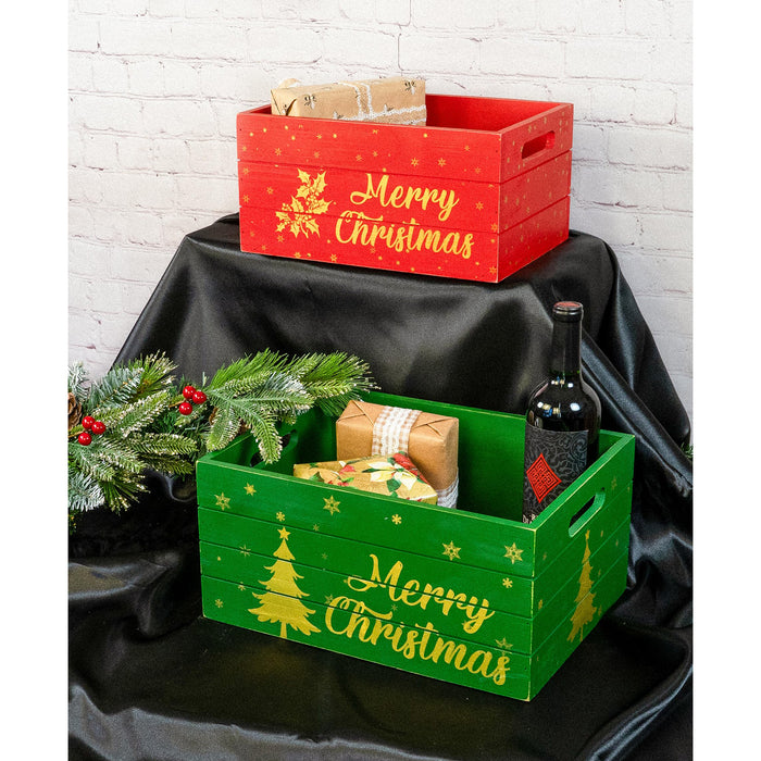 Red Co. Set of 2 Decorative Nesting Wooden Merry Christmas Storage Crate Organizers with Lettering