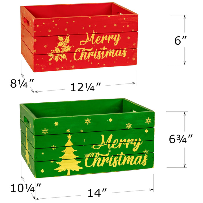 Red Co. Set of 2 Decorative Nesting Wooden Merry Christmas Storage Crate Organizers with Lettering