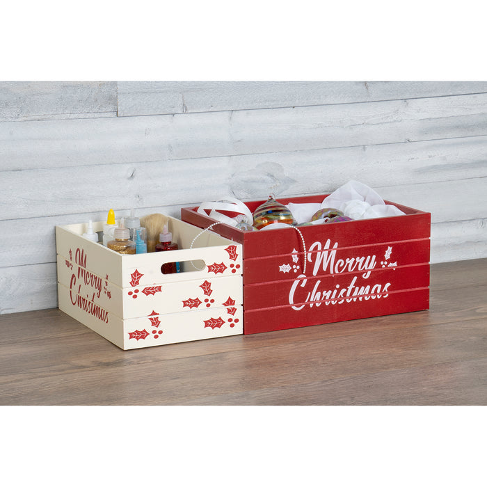 Red Co. Set of 2 Decorative Nesting Wooden Merry Christmas Storage Crate Organizers with Lettering
