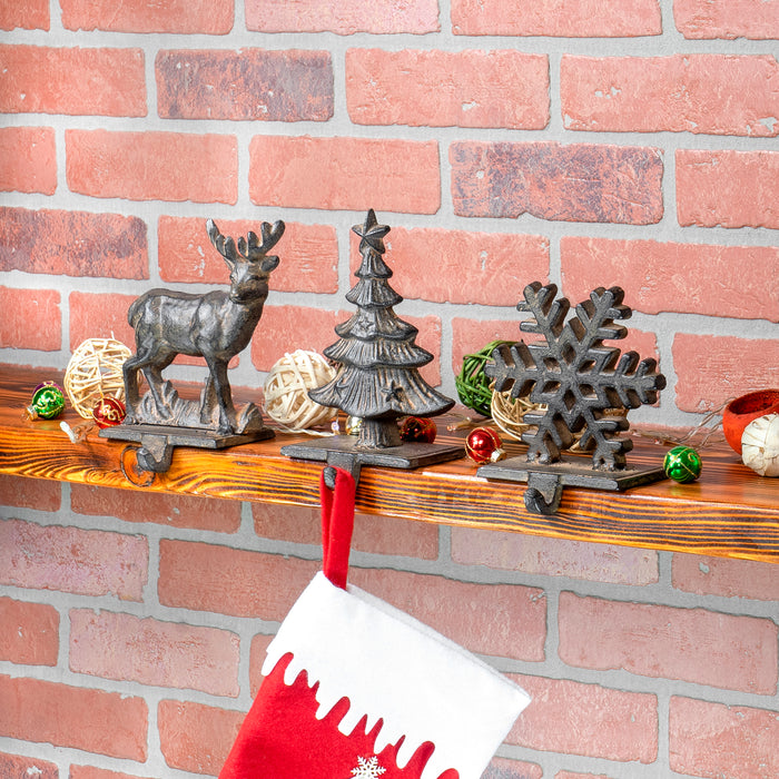 Red Co. Set of 3 Snowflake, Reindeer & Christmas Tree Decorative Cast Iron Stocking Holders
