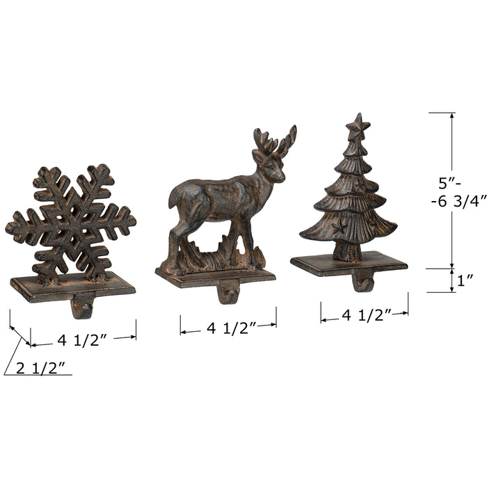 Red Co. Set of 3 Snowflake, Reindeer & Christmas Tree Decorative Cast Iron Stocking Holders