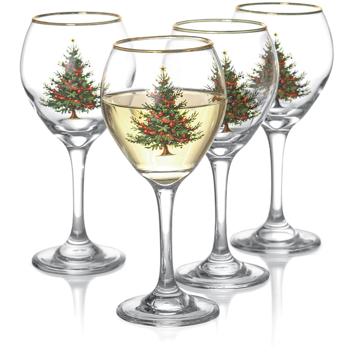 Red Co. Set of 4 Clear Glass Christmas Tree Drinking Tumblers with Gold Rim