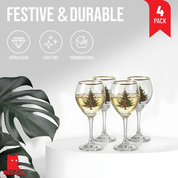 Red Co. Set of 4 Clear Glass Christmas Tree Drinking Tumblers with Gold Rim