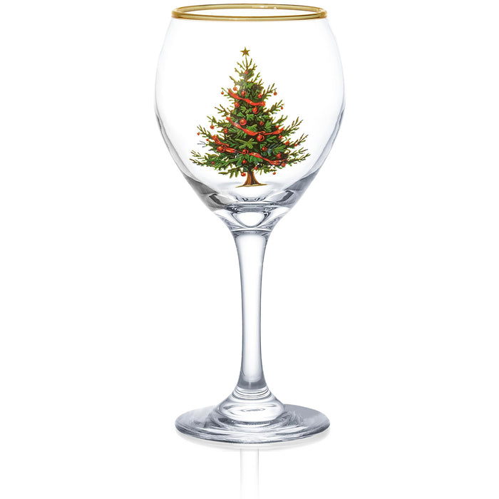 Red Co. Set of 4 Clear Glass Christmas Tree Drinking Tumblers with Gold Rim