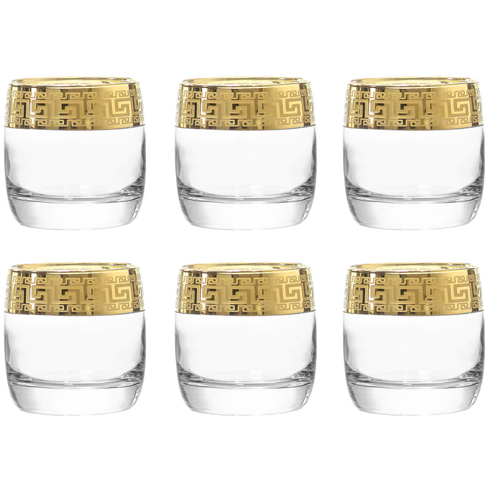 Red Co. Set of 6 Clear Glass 9 Fl Oz Beverage Lowball Tumblers with Golden Greek Key Trim