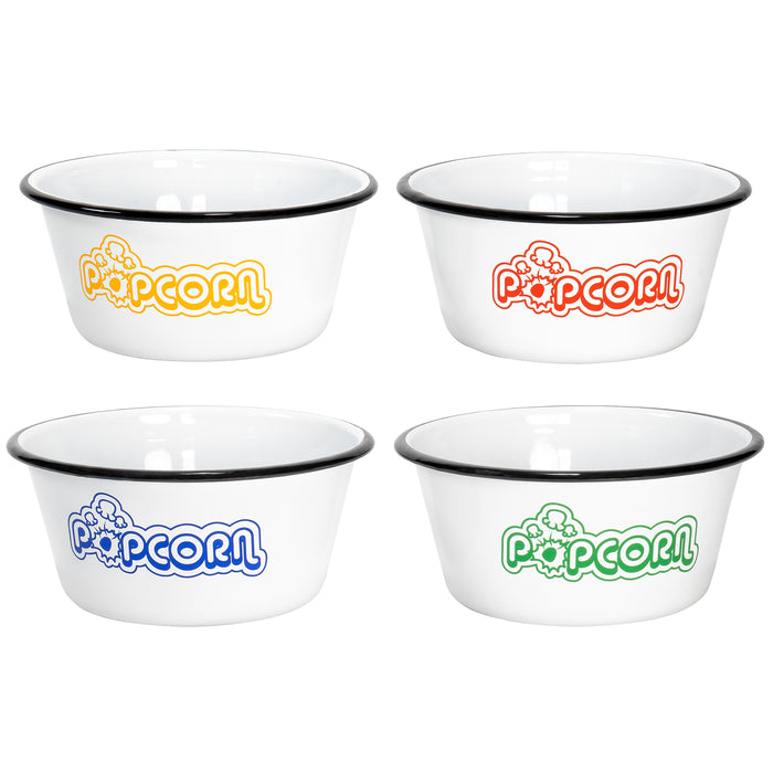 Red Co. Set of 4 White Enamelware Metal Classic 1.2 Quart Popcorn Bowls, Assorted Color Prints/Black Rim