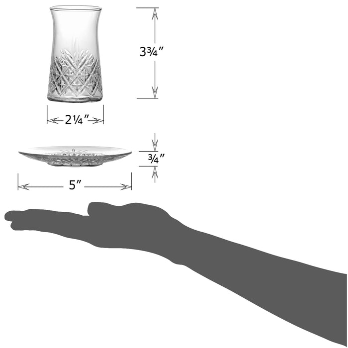 Red Co. Set of 6 Fluted 5.5 Fl Oz Cut Glass Turkish Tea Cups with Saucers, Clear