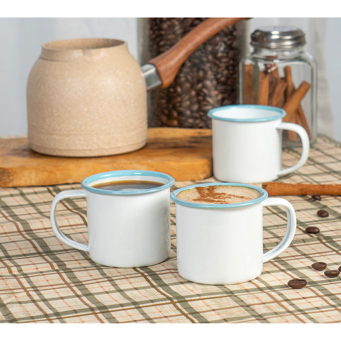 Red Co. Set of 6 Enamelware Metal Small Classic 5 Oz Round Coffee and Tea Mug with Handle, Solid White/Teal Rim