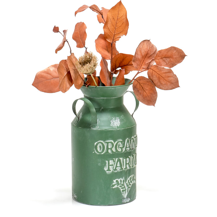 Red Co. 10” Decorative Organic Farm Aged Metal Milk Can Centerpiece Vase, Distressed Green