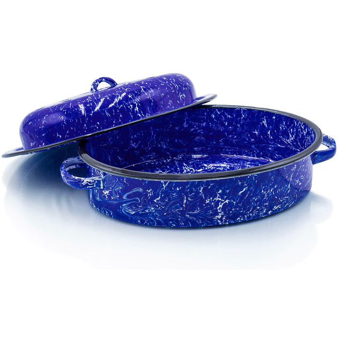 Red Co. Enamelware Metal Classic 3.6 Quart 12" Roasting Pan with Dome Lid, Navy Blue Marble/Black Rim - Splatter Design