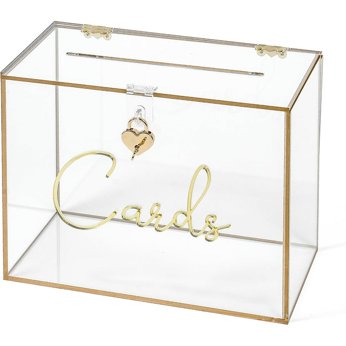 Red Co. 10.5” x 8.5” Clear Acrylic Decorative Box with Golden Cards Lettering, Frame, and Lock