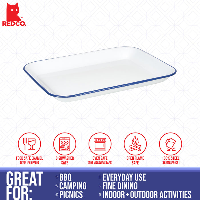 Red Co. 13.5” x 10” Enamelware Metal Classic 1.6-Quart Rectangular Serving Tray, Solid White/Navy Blue Rim