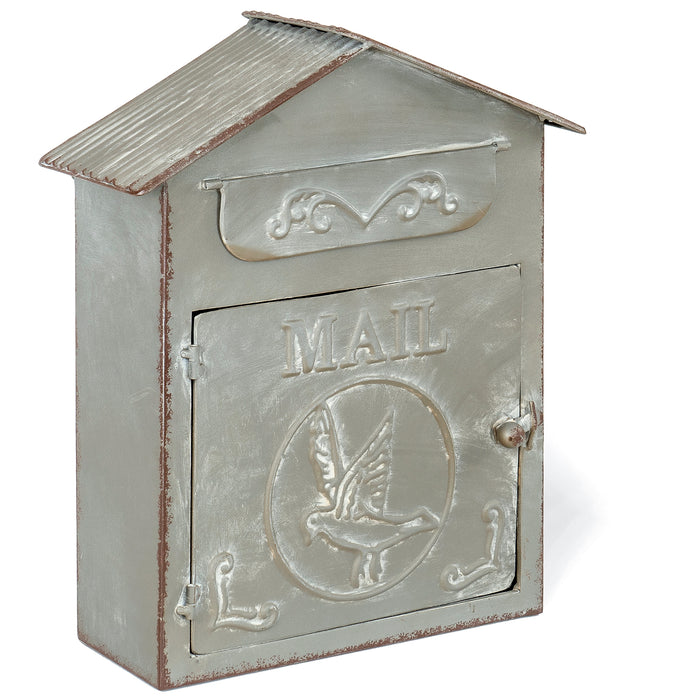Red Co. 12” x 15” Galvanized Tin Metal Birdhouse Wall-Mounted Post Mailbox, Distressed Gray