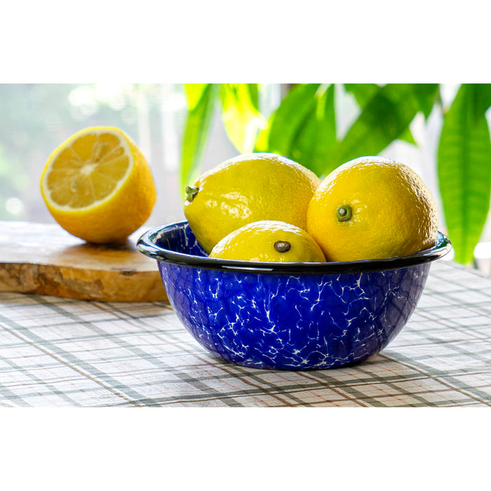 Red Co. Set of 4 Enamelware Metal Classic 20 oz Round Cereal Bowl, Navy Blue Marble/Black Rim - Splatter Design