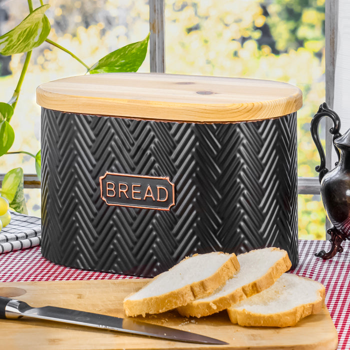 Red Co. 11.25” x 7.25” Pre-Labeled Metal Embossed Bread Container Box with Wooden Lid, Black