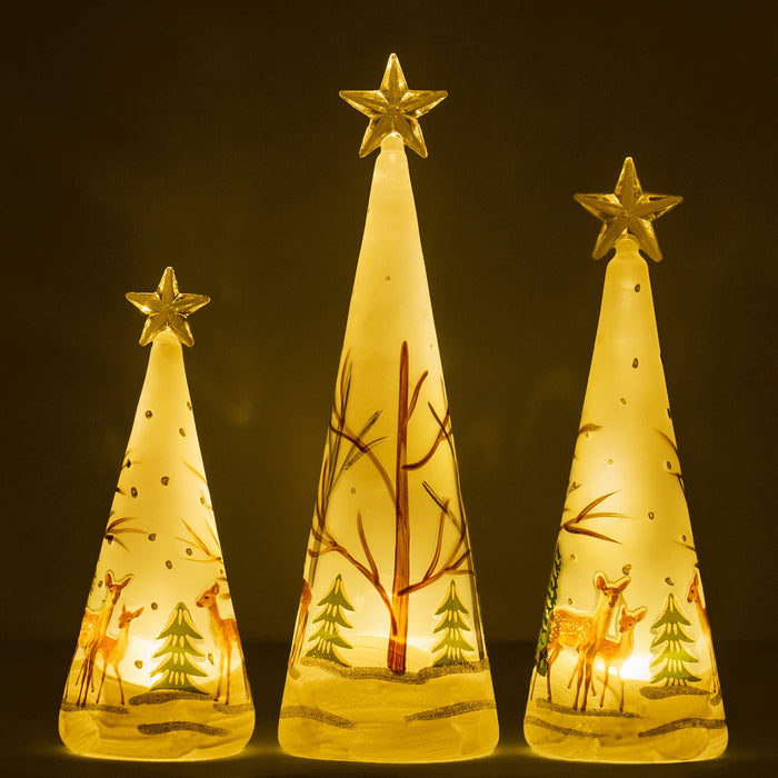 Red Co. , 11”, 9.5”, and 8” Glass Christmas Tree Figurine Ornaments with LED Lights, Light-Up Holiday Season Décor – Deer in Snowy Woods – Set of 3 Sizes