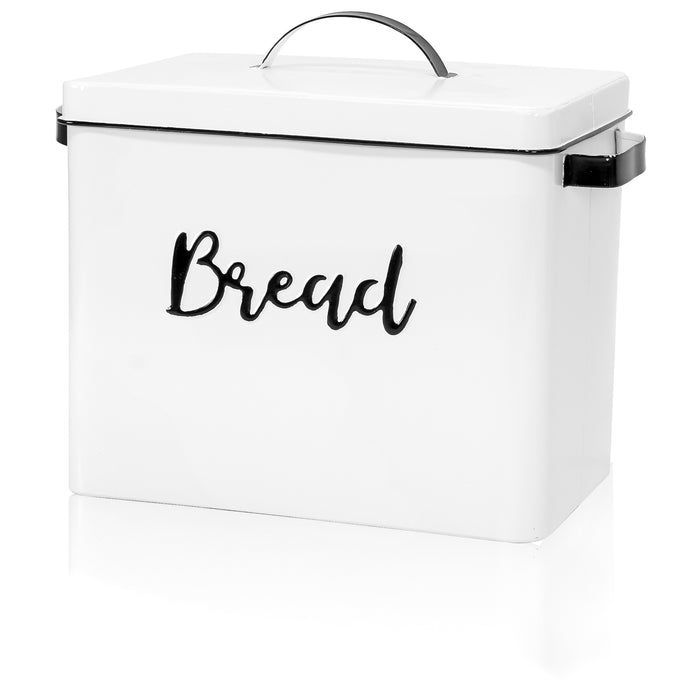Red Co. 11” x 9.5” Distressed White Metal Bread Storage Box with Black Lettering, Lid and Handles