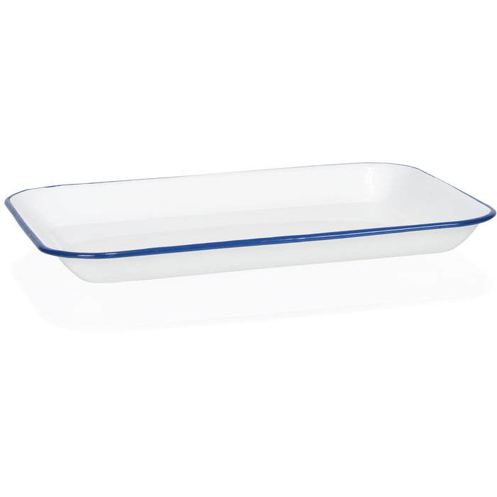 Red Co. 13.5” x 10” Enamelware Metal Classic 1.6-Quart Rectangular Serving Tray, Solid White/Navy Blue Rim