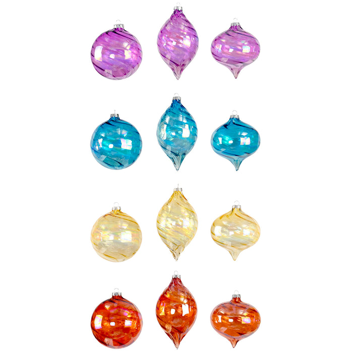 Red Co. Set of 12 Decorative 4” to 6” Assorted Iridescent Multicolor Glass Hanging Christmas Tree Ornaments - Olive, Ball & Onion