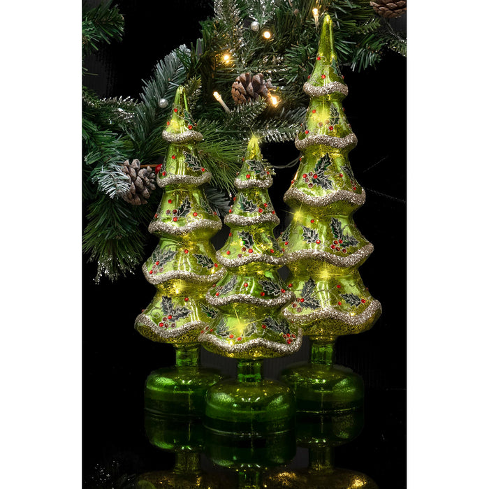 Red Co. Set of 3 (14.5”, 12”, 10.5”) Glass Light-Up Decorative Tabletop Christmas Tree Holiday Figurine with LED Lights, Festive Green