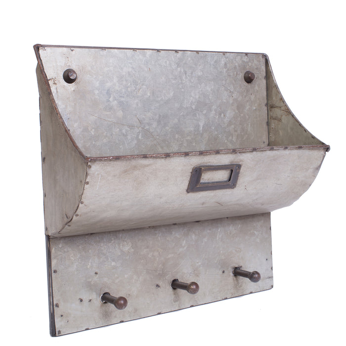Red Co. 11.5” x 12” Decorative Galvanized Metal Wall Pocket 3-Hook Mail & Letter Box, Brushed Grey/Rusted Rim