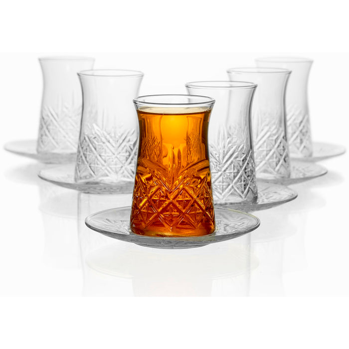 Red Co. Set of 6 Fluted 5.5 Fl Oz Cut Glass Turkish Tea Cups with Saucers, Clear