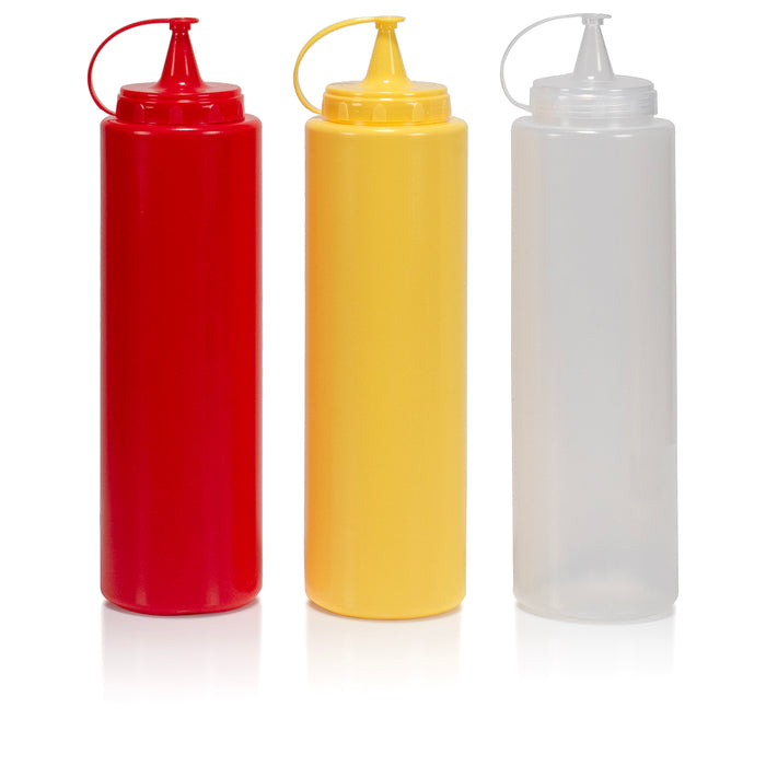Red Co. Set of 3 Reusable 33.8 Oz Condiment Sauce Squeeze Bottles – Red, Yellow, Clear