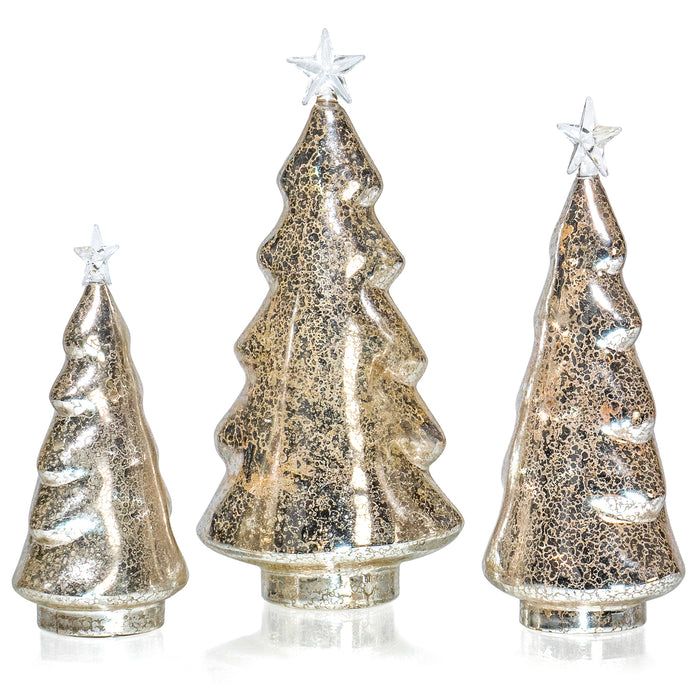 Red Co. 8.5”, 11”, 12.5” Light-Up Clear Glass Christmas Tree Tabletop Display Figurine Set of 3 Sizes, Mercury Gold